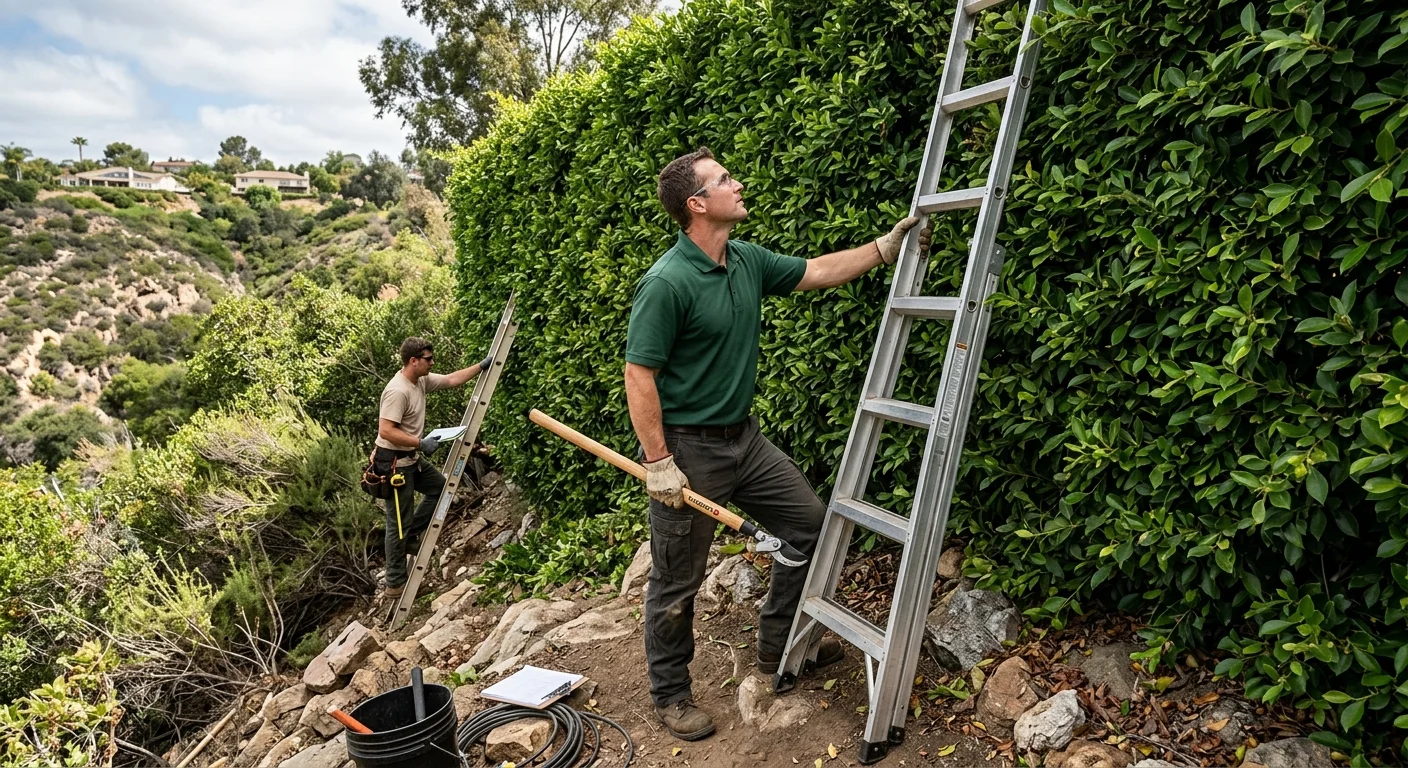 Crew checking a tall privacy hedge in a narrow Vista side yard