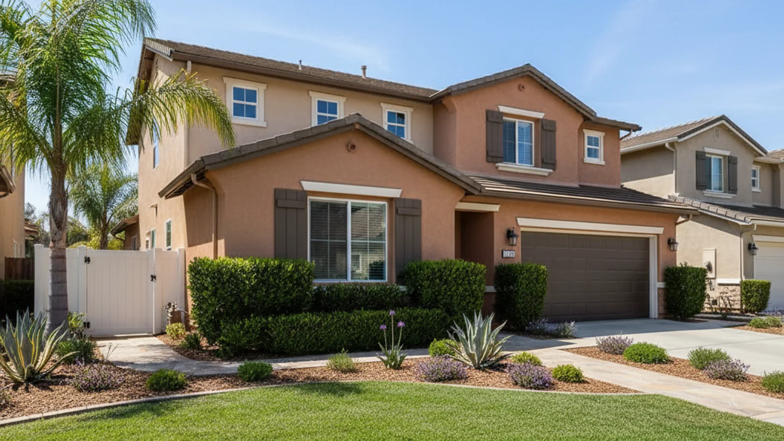 Freshly cleaned-up, HOA-compliant San Diego front yard with trimmed hedges, edged lawn, and tidy planter beds