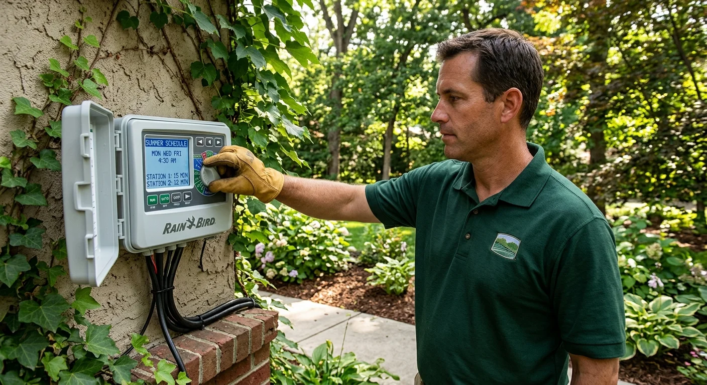 A homeowner's hand adjusting the dial on a sprinkler controller, with the screen showing summer watering day settings.