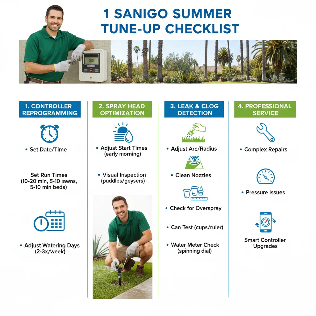 An infographic showing key sprinkler adjustments for San Diego summer watering, including controller settings, spray head checks, and leak detection.