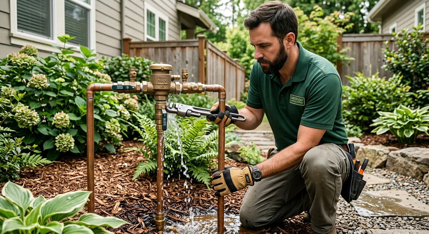 Water leaking from an irrigation backflow preventer in a landscaped side yard