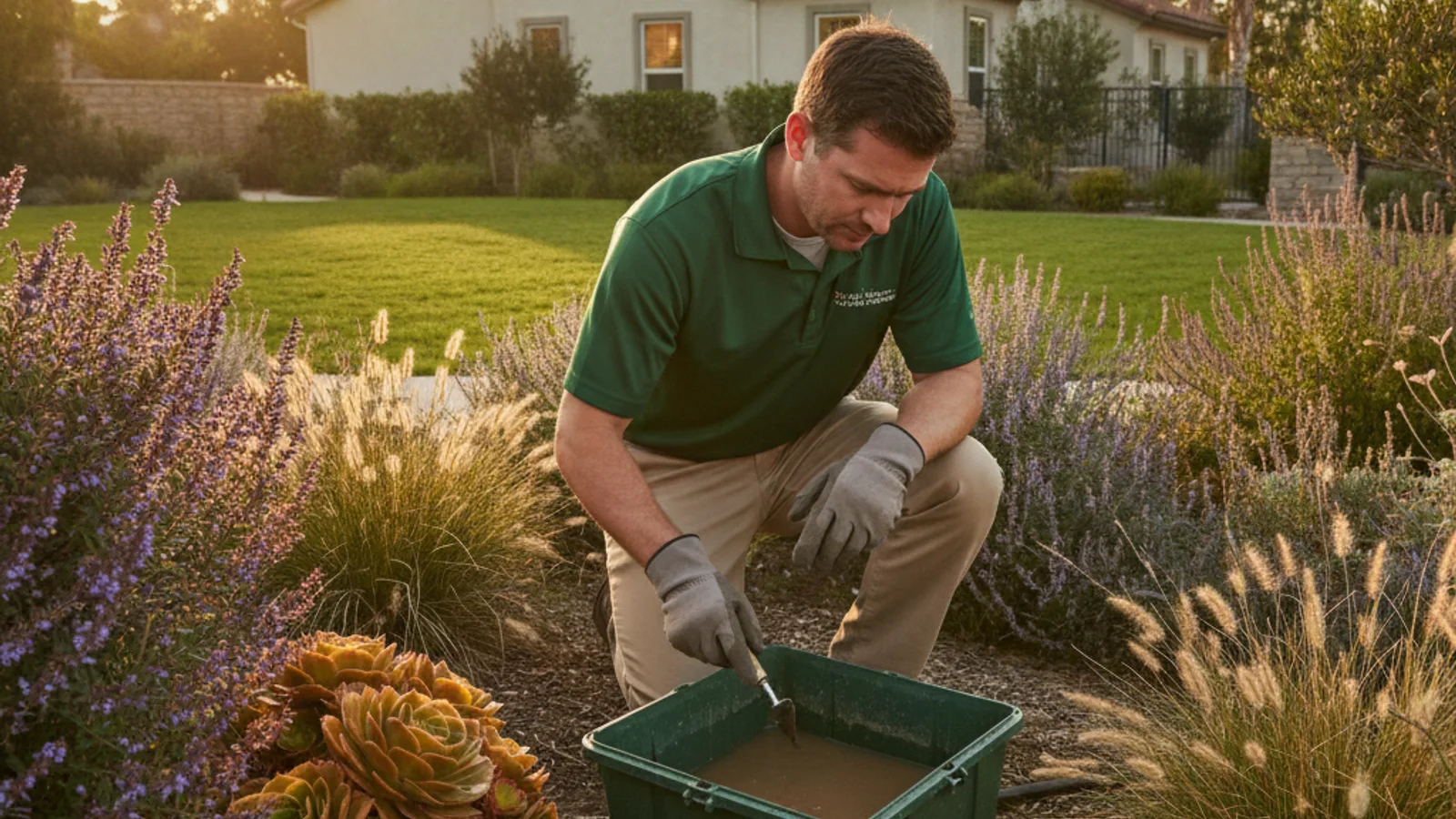 An open residential irrigation valve box with standing water pooled around the visible valves and pipe fittings