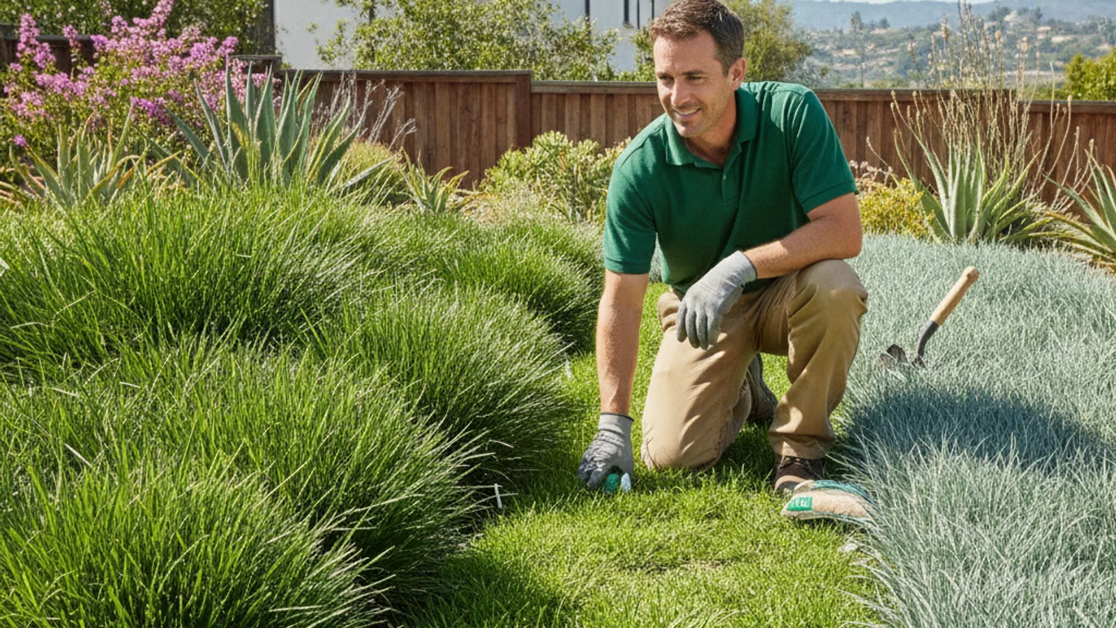 Split-yard photo showing a dense kikuyu lawn on the left and a broad-bladed St. Augustine lawn on the right in a San Diego residential neighborhood.