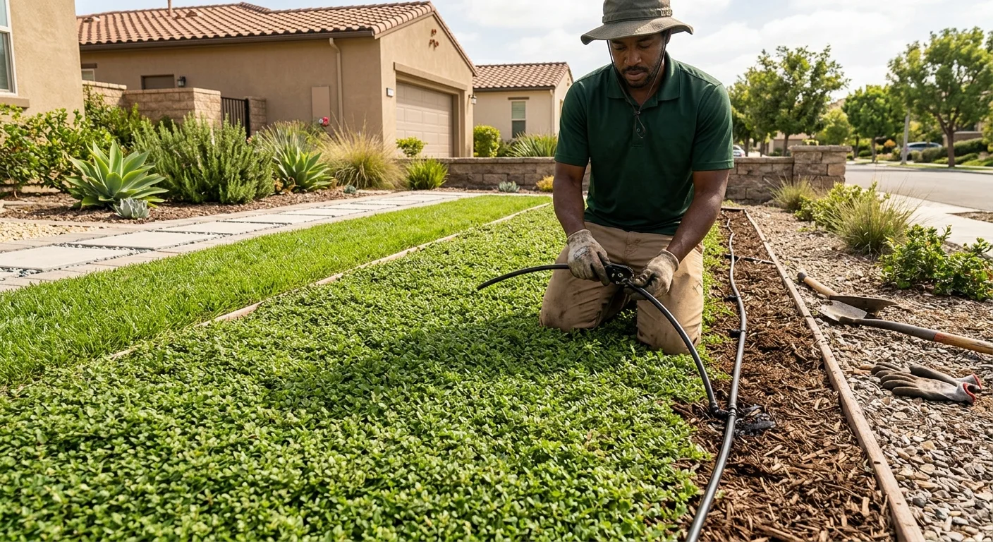 San Diego front yard with low kurapia-style groundcover beside a remaining lawn strip