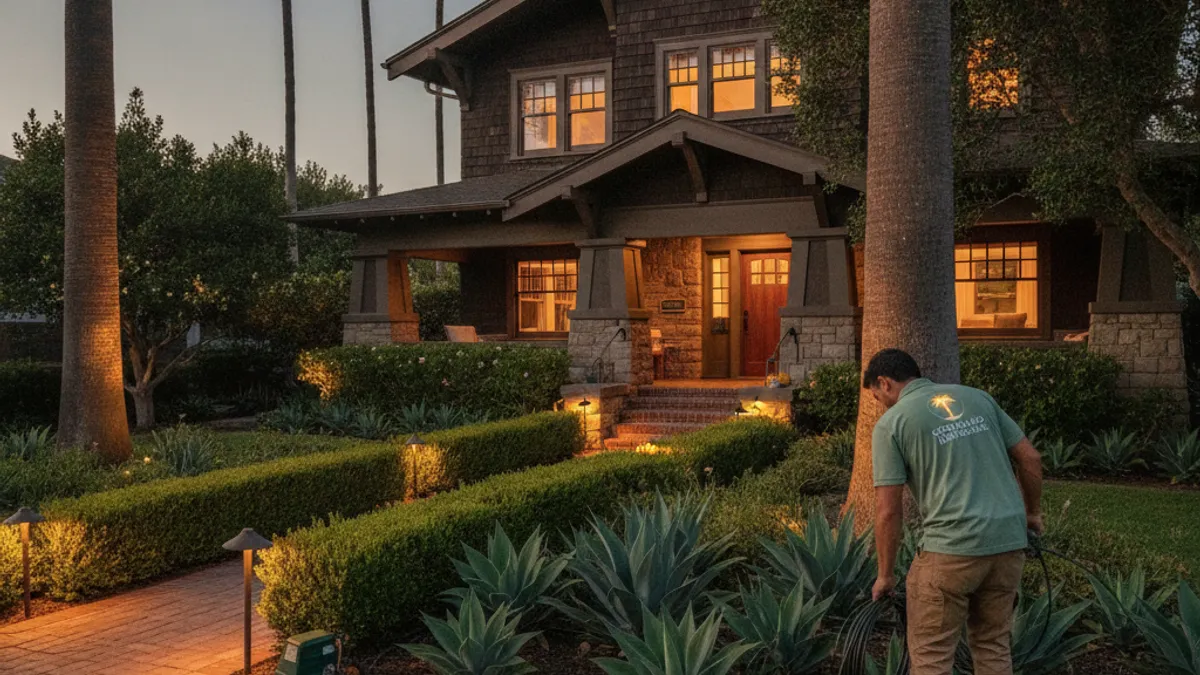 A historic Craftsman-style Coronado home at dusk with warm landscape lighting along a formal hedge-lined walkway and silhouetted palm trees.
