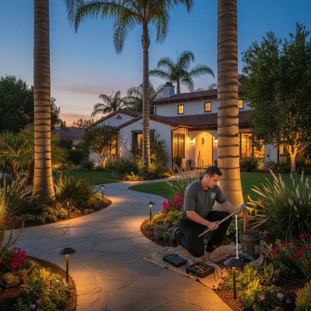 San Diego front yard at dusk with warm low-voltage LED path lights and uplights illuminating palm trees and a Spanish-style home