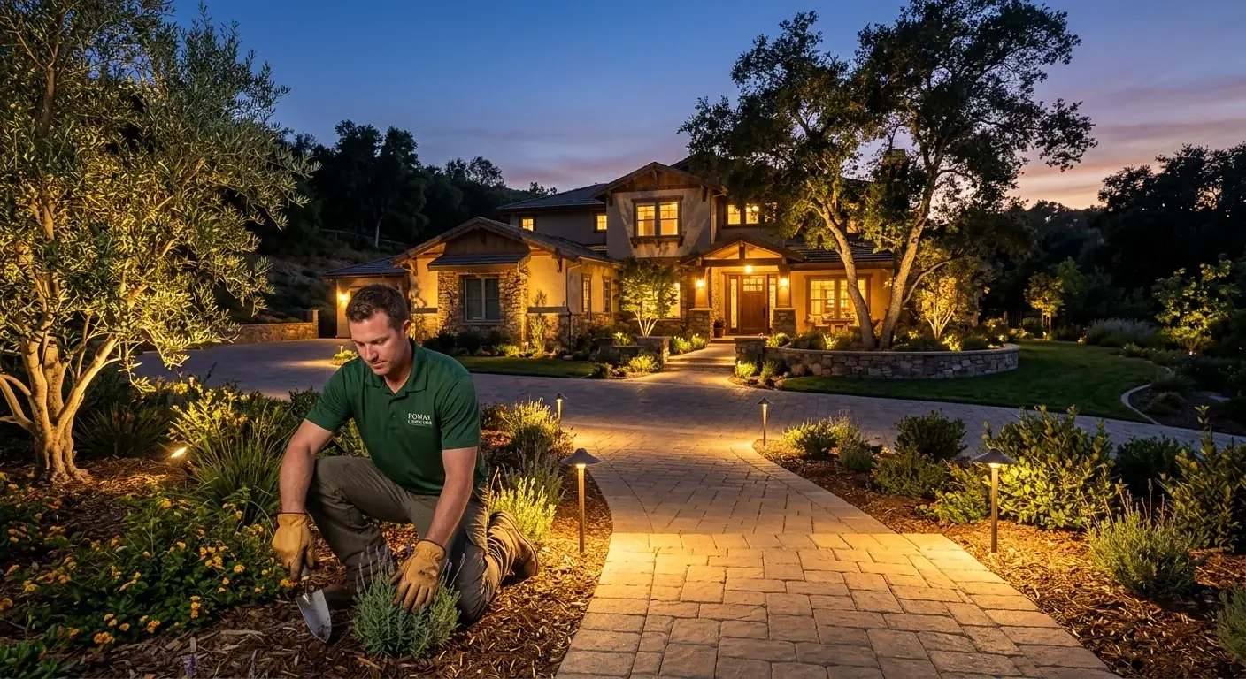 A beautifully lit-up large home in Poway at dusk, with trees artfully uplighted and pathways clearly illuminated.