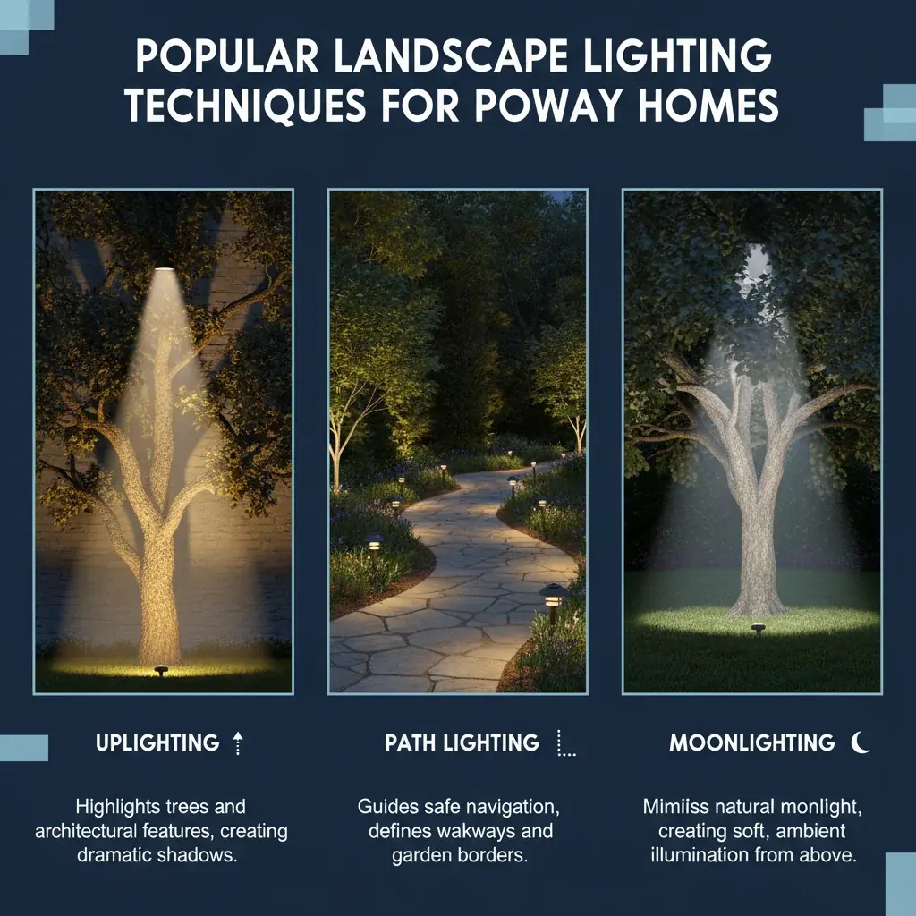 Infographic illustrating common landscape lighting techniques like uplighting, path lighting, and moonlighting.