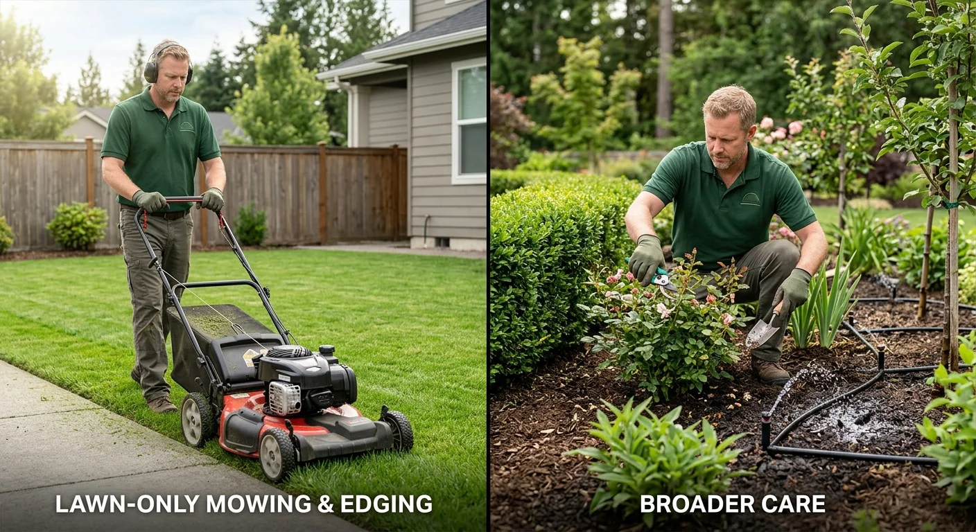 A mowed lawn beside maintained hedges and planting beds