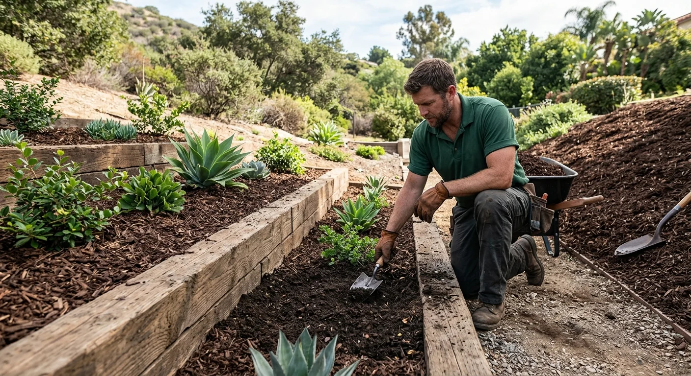 Planting bed held by landscape timbers beside mulch on a low San Diego slope