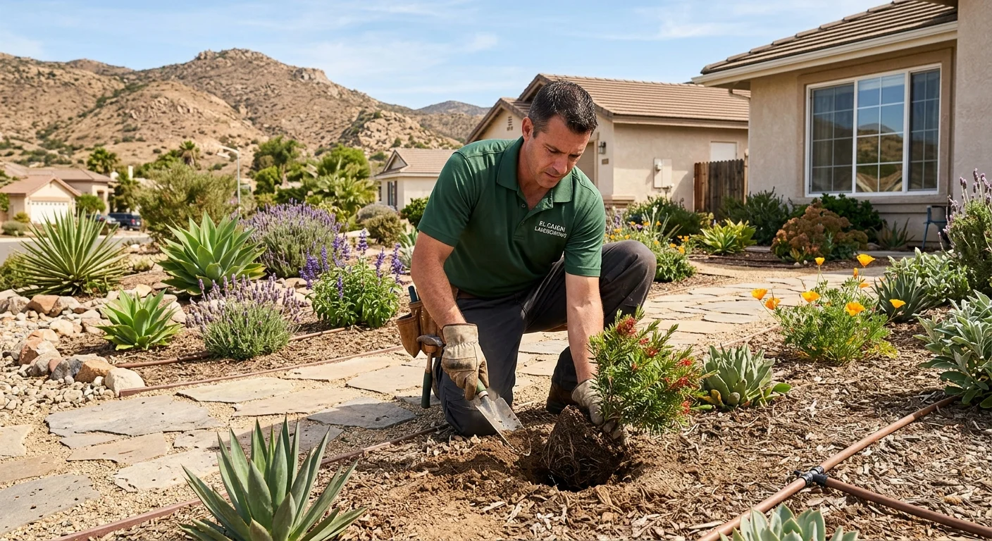El Cajon front yard in inland sun with dry hills and low-water shrubs