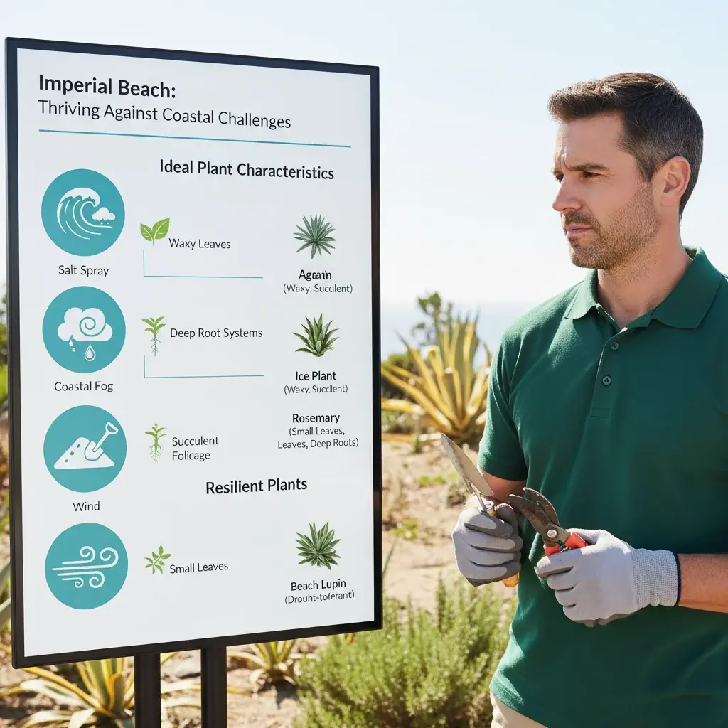 Infographic illustrating coastal landscaping challenges and ideal plant characteristics for Imperial Beach.