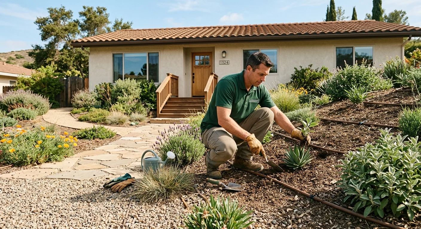 Poway front yard on a modest slope with inland sun and low-water planting