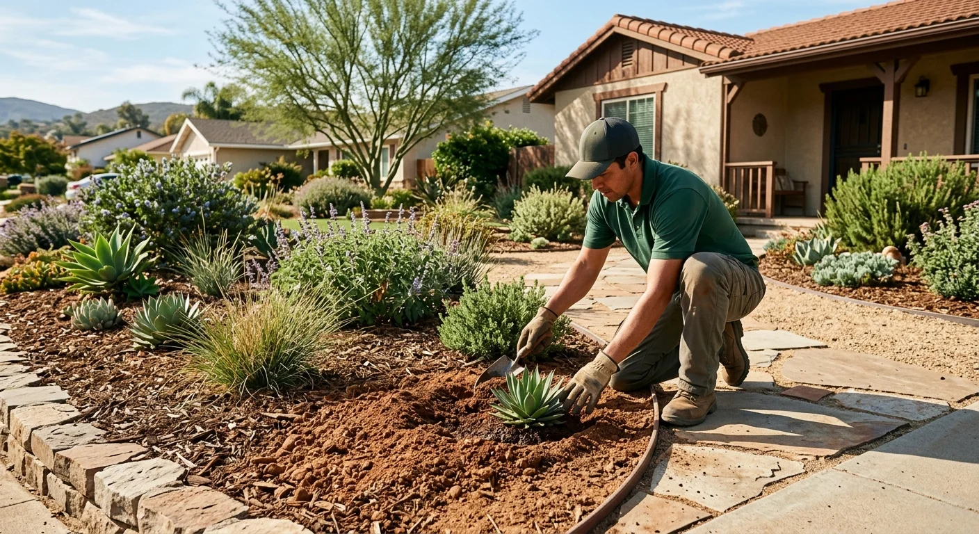 San Marcos yard with inland sun, clay soil, and low-water shrubs