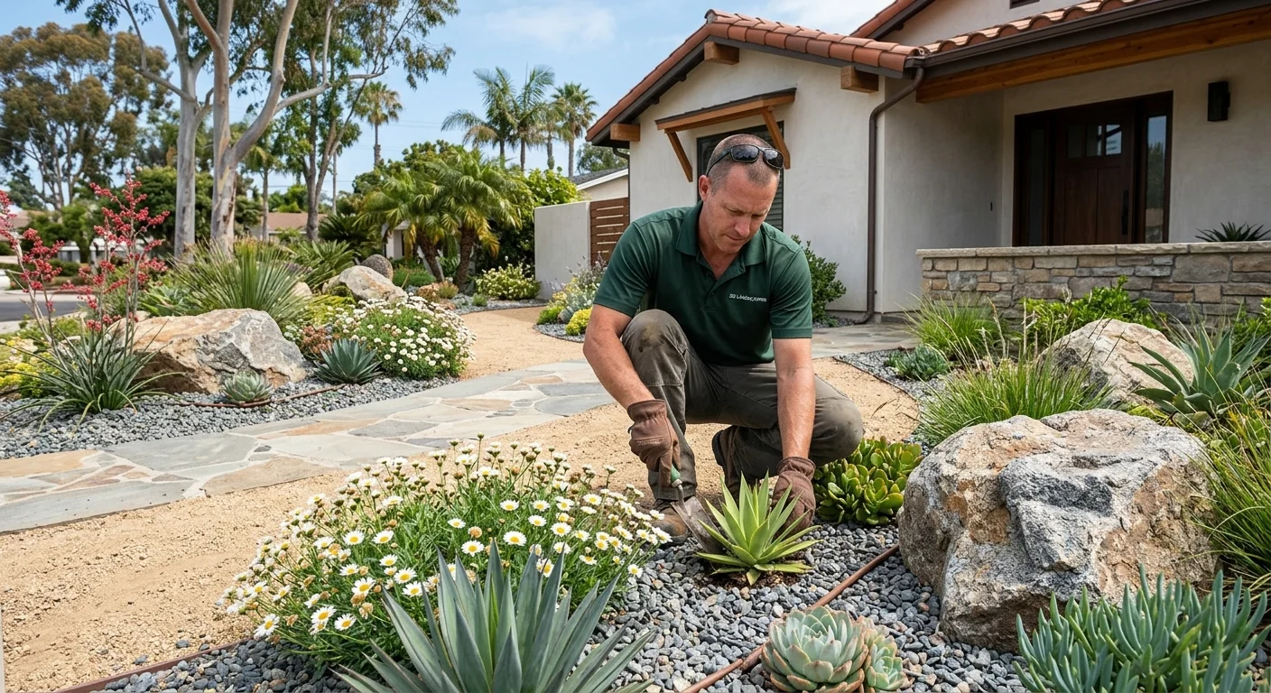 San Diego drought-tolerant yard with large natural boulders among low plants