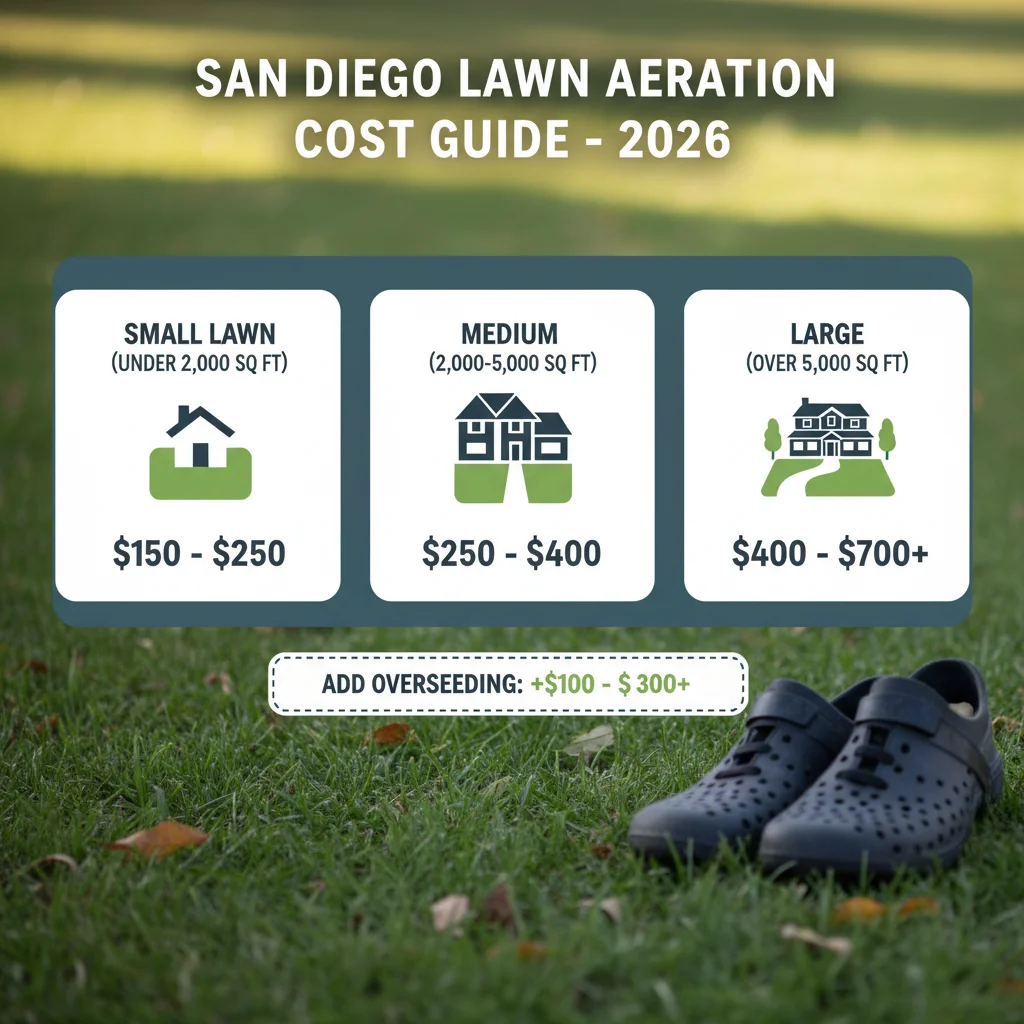 A pricing table showing average core lawn aeration costs in San Diego for small (under 2000 sq ft), medium (2000-5000 sq ft), and large (over 5000 sq ft) lawns.