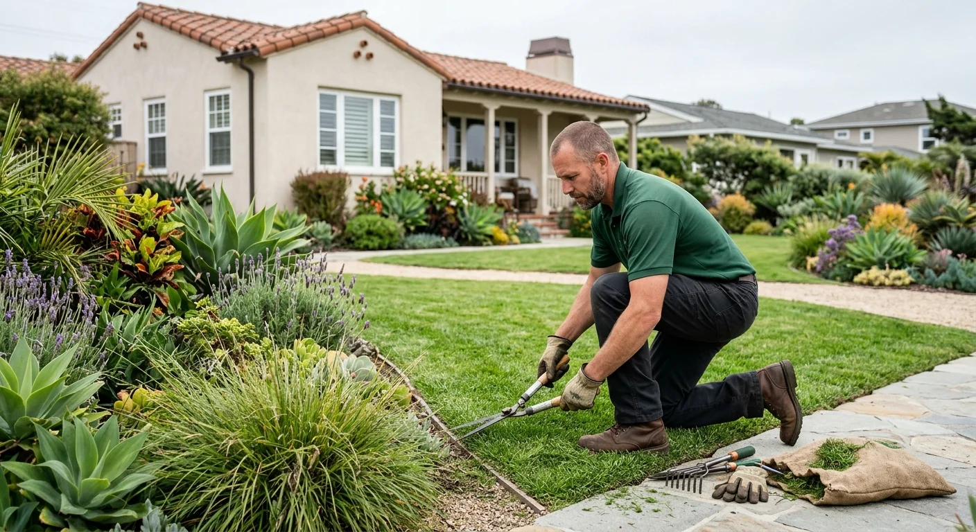 Carlsbad lawn with a clean edge beside coastal plantings in marine-layer light
