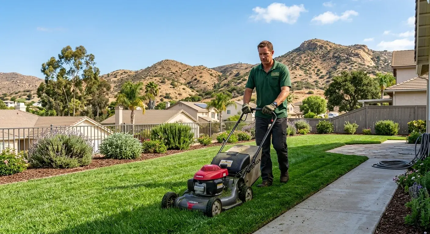 A healthy, green lawn in a suburban El Cajon neighborhood, with the distinct dry, rolling hills of East County visible in the background under a sunny sky.
