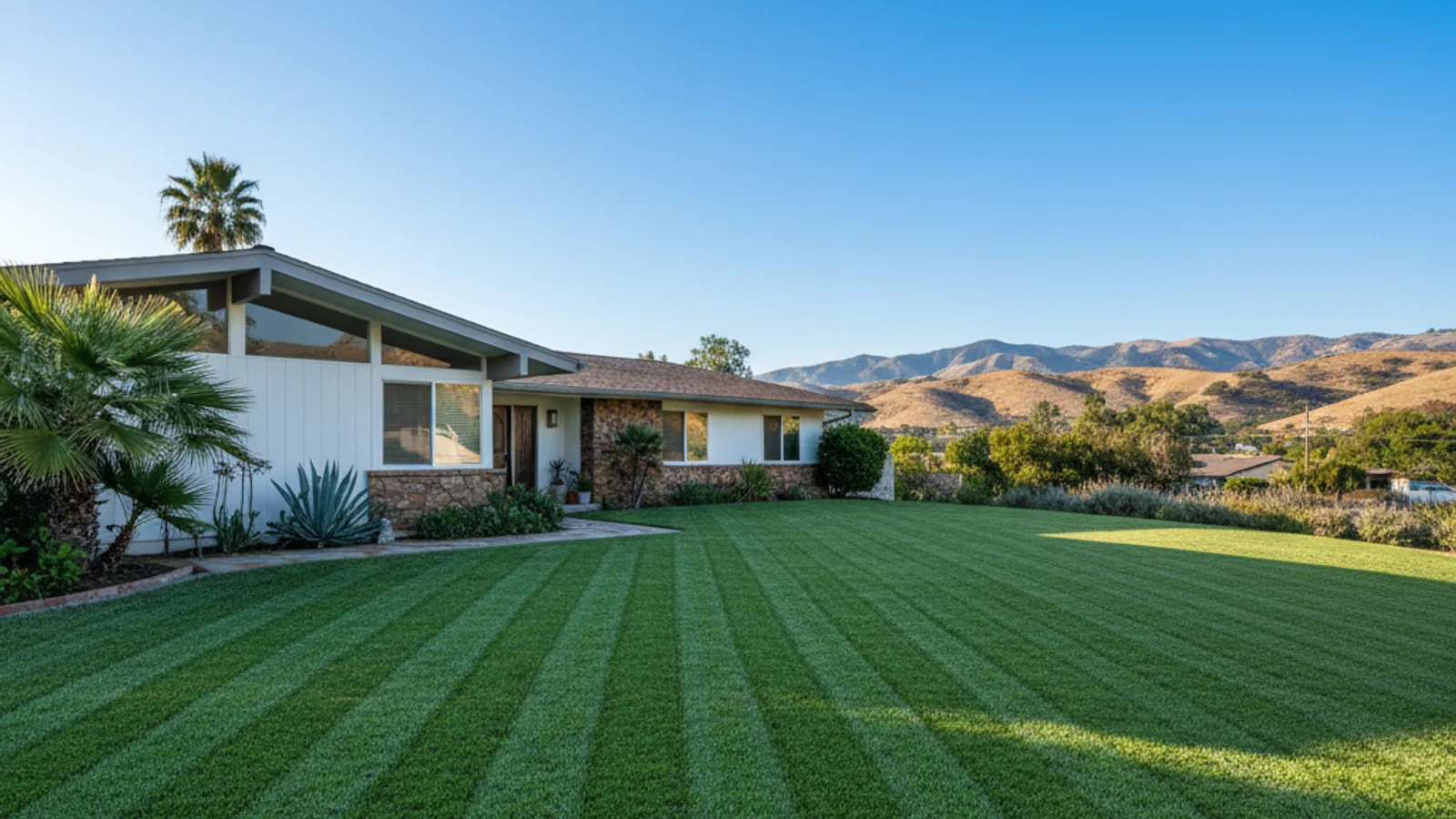 A healthy green lawn in front of a mid-century La Mesa home, with the rolling East County hills visible under a clear summer sky.