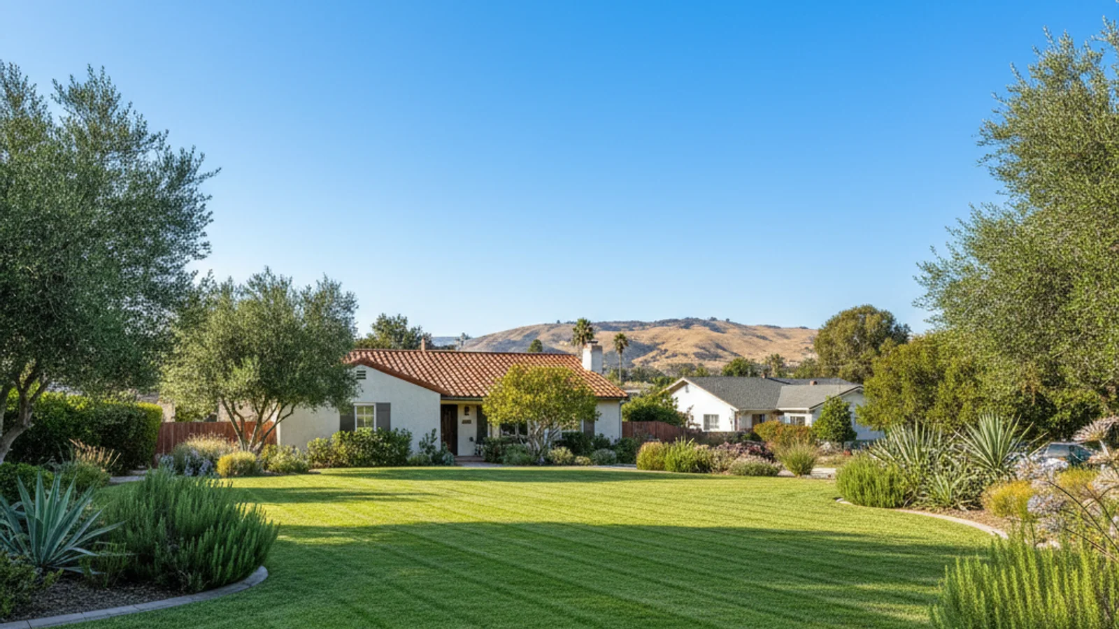 A neatly mowed front lawn in a Lemon Grove neighborhood with East County hills in the background under a clear sky.