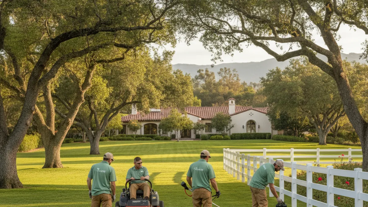 A wide, manicured lawn on a Rancho Santa Fe estate property with mature oaks, white ranch fencing, and a custom home in the background.