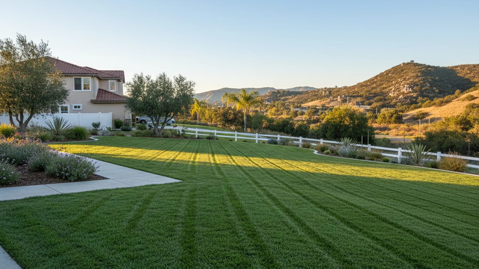 A freshly mowed and edged green lawn at a Spring Valley East County home, with dry hills visible in the background under clear sky.