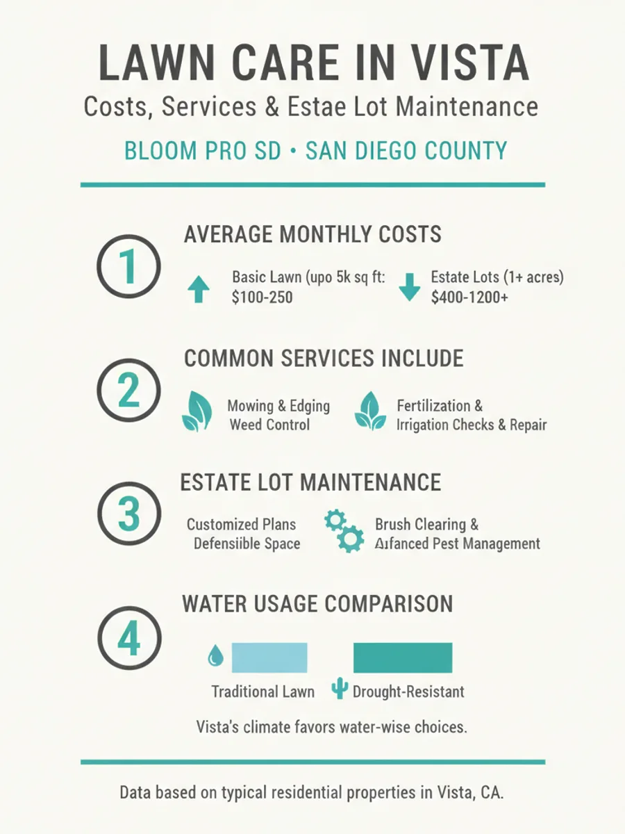 Lawn care cost breakdown for Vista CA showing standard and estate lot pricing ranges.