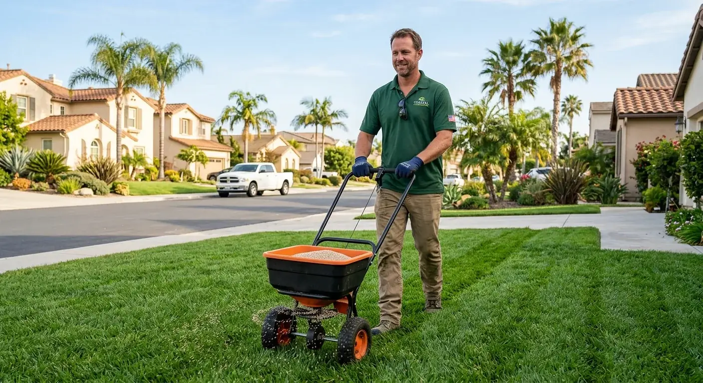 A professional in a branded shirt using a broadcast spreader to fertilize a healthy green lawn in a sunny San Diego neighborhood.