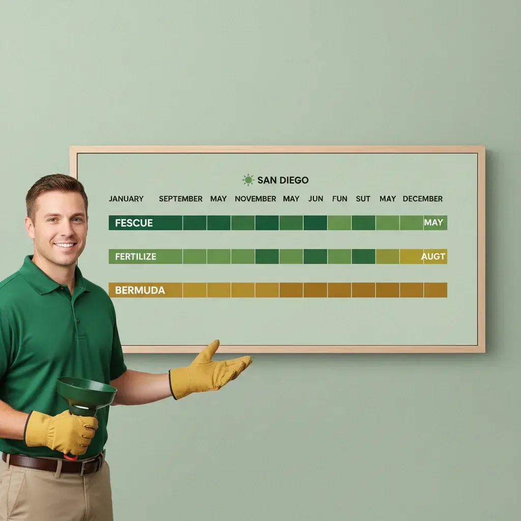 Calendar infographic showing lawn fertilization windows for fescue vs bermuda across 12 months in San Diego, clean editorial style on a soft green background.