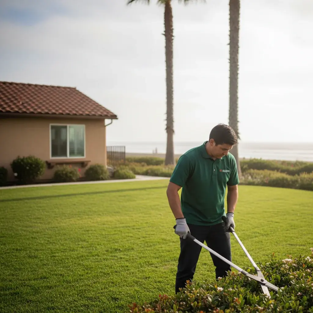 A tidy Imperial Beach front yard with a green lawn and palm trees, with ocean haze in the background.