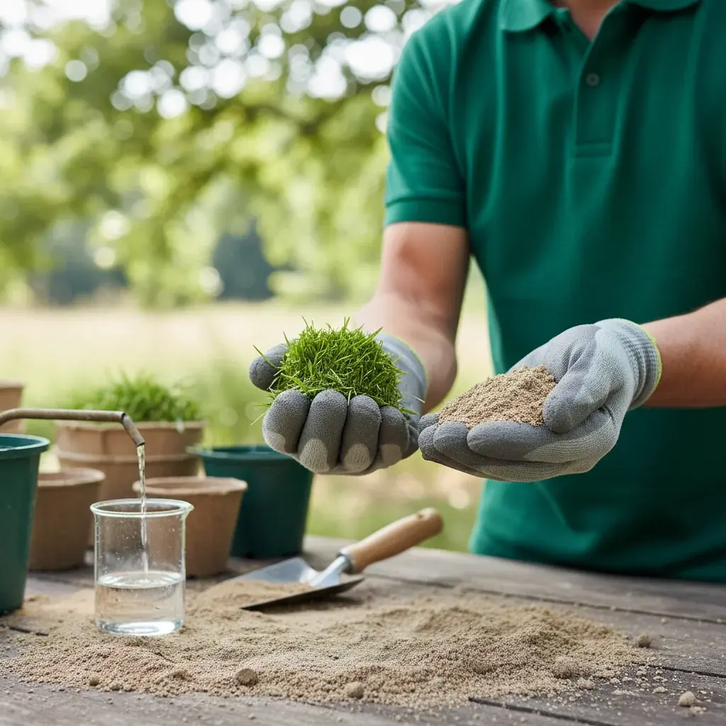 Hands holding healthy fescue grass clippings beside sandy soil samples, comparing texture
