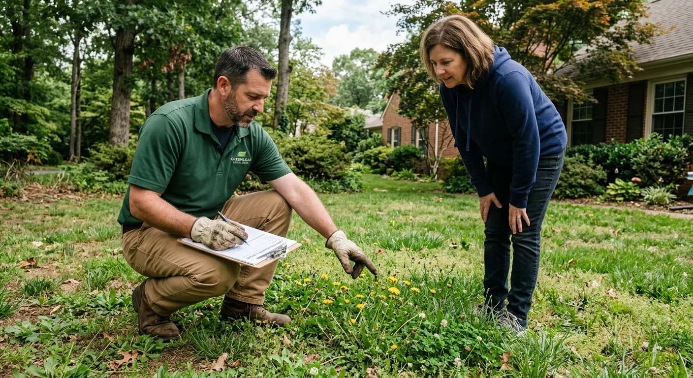 Contractor and homeowner reviewing mixed lawn weeds in a San Diego yard