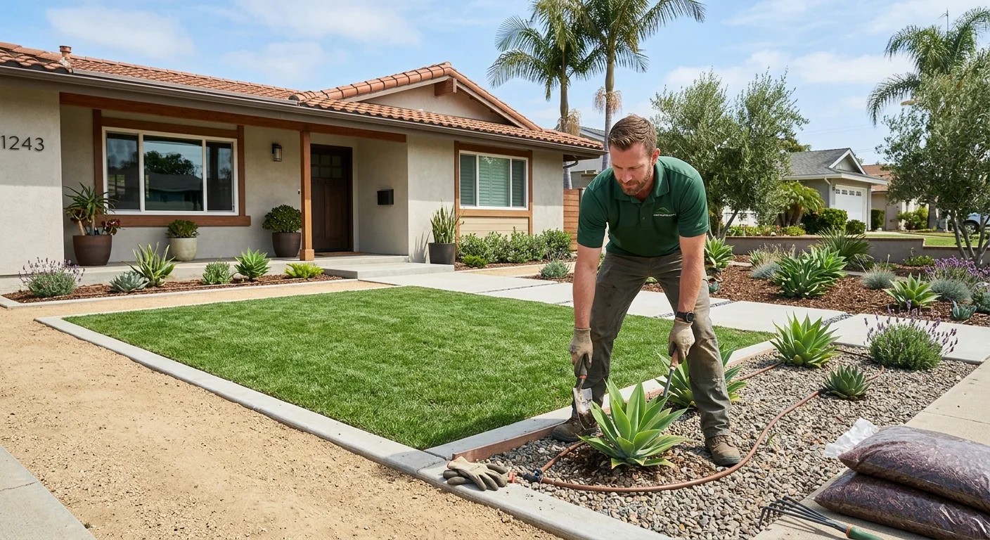 A low-maintenance San Diego front yard with restrained planting zones and clear edges