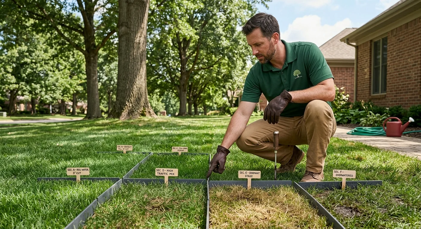Homeowner comparing lawn patches that differ in sun, wear, and color