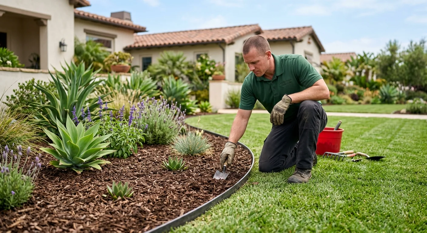 Thin metal edging holding mulch beside a mowed San Diego lawn