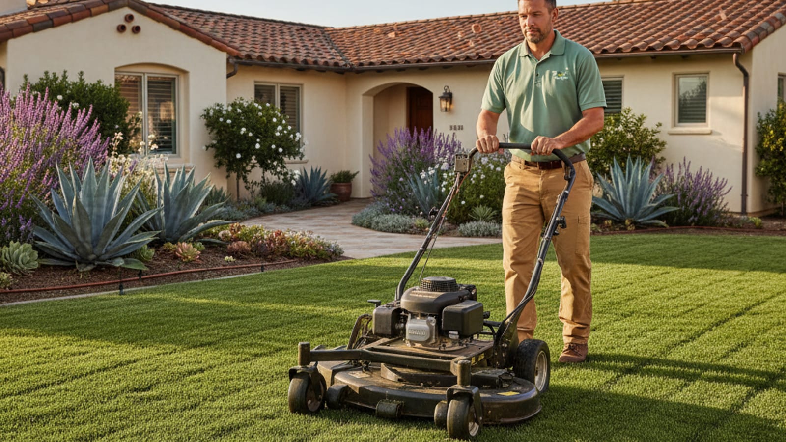 A San Diego front lawn being mowed by a commercial walk-behind mower leaving clean stripes in warm afternoon light