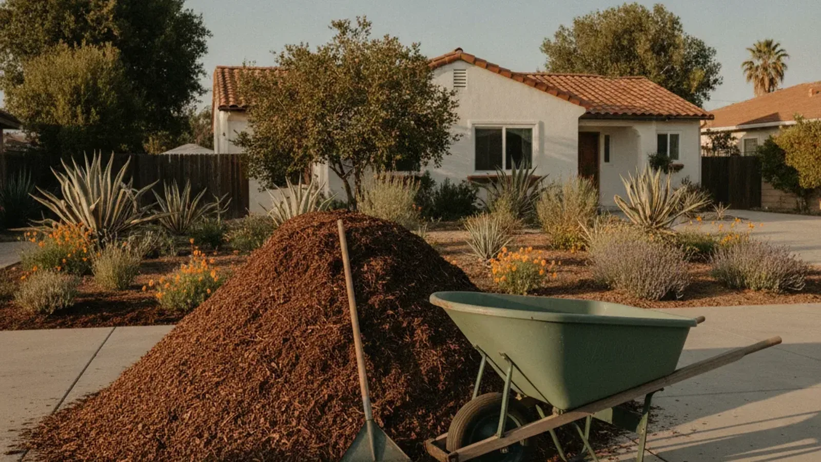 A bulk delivery of shredded bark mulch dumped on a San Diego driveway next to garden beds being refreshed, wheelbarrow and rake nearby, warm afternoon light.