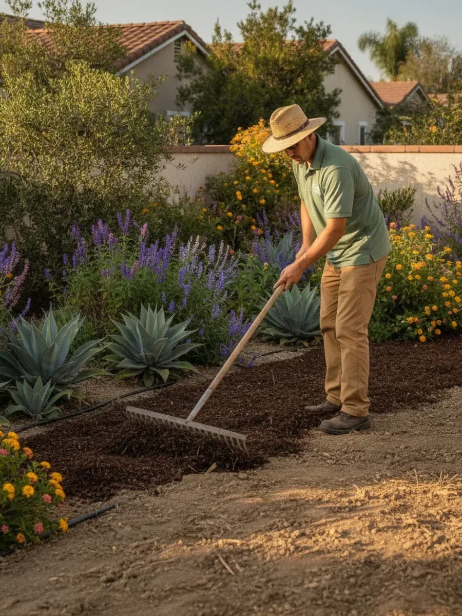 A landscaper in a sage-green work polo spreading shredded bark mulch by rake around drought-tolerant plants in a San Diego front yard bed.