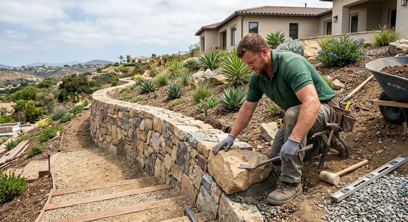 Natural stone retaining wall on a sloped San Diego yard