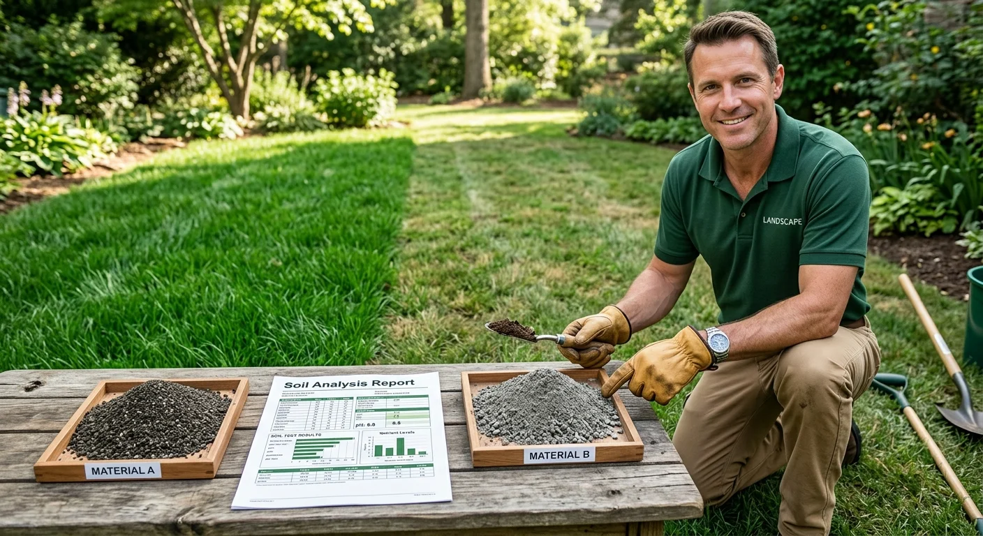 Organic and synthetic lawn fertilizer materials beside a soil report