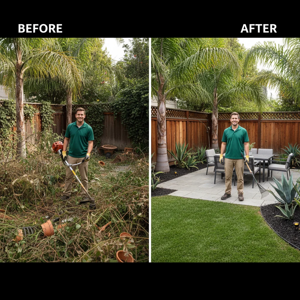 Before and after split image of an overgrown San Diego backyard transformed to a clean trimmed yard