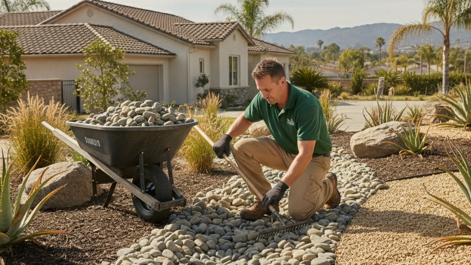 Split view of a San Diego yard showing small tan pea gravel on one side and larger smooth river rock on the other, both bordered with metal edging.