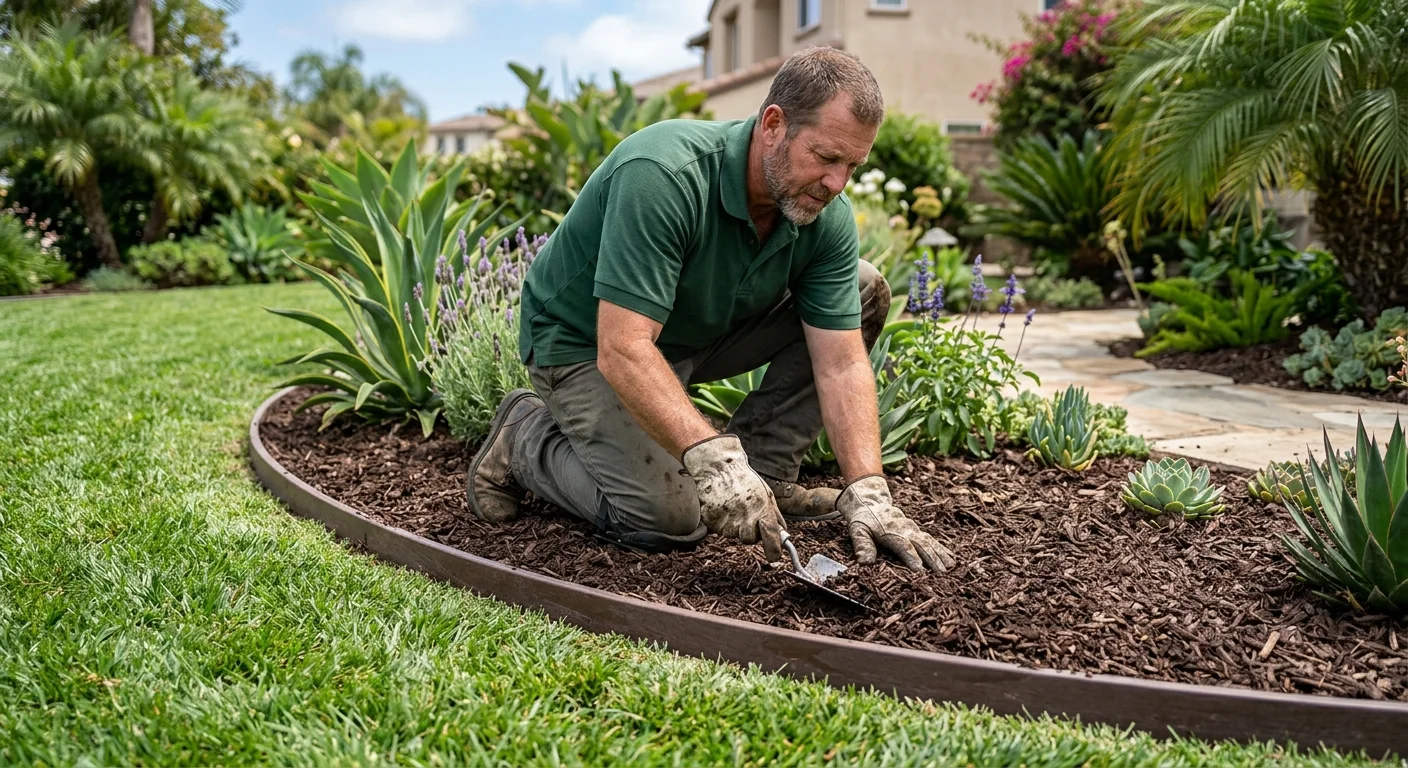 A San Diego planting bed with a low plastic edge holding mulch beside a mowed lawn