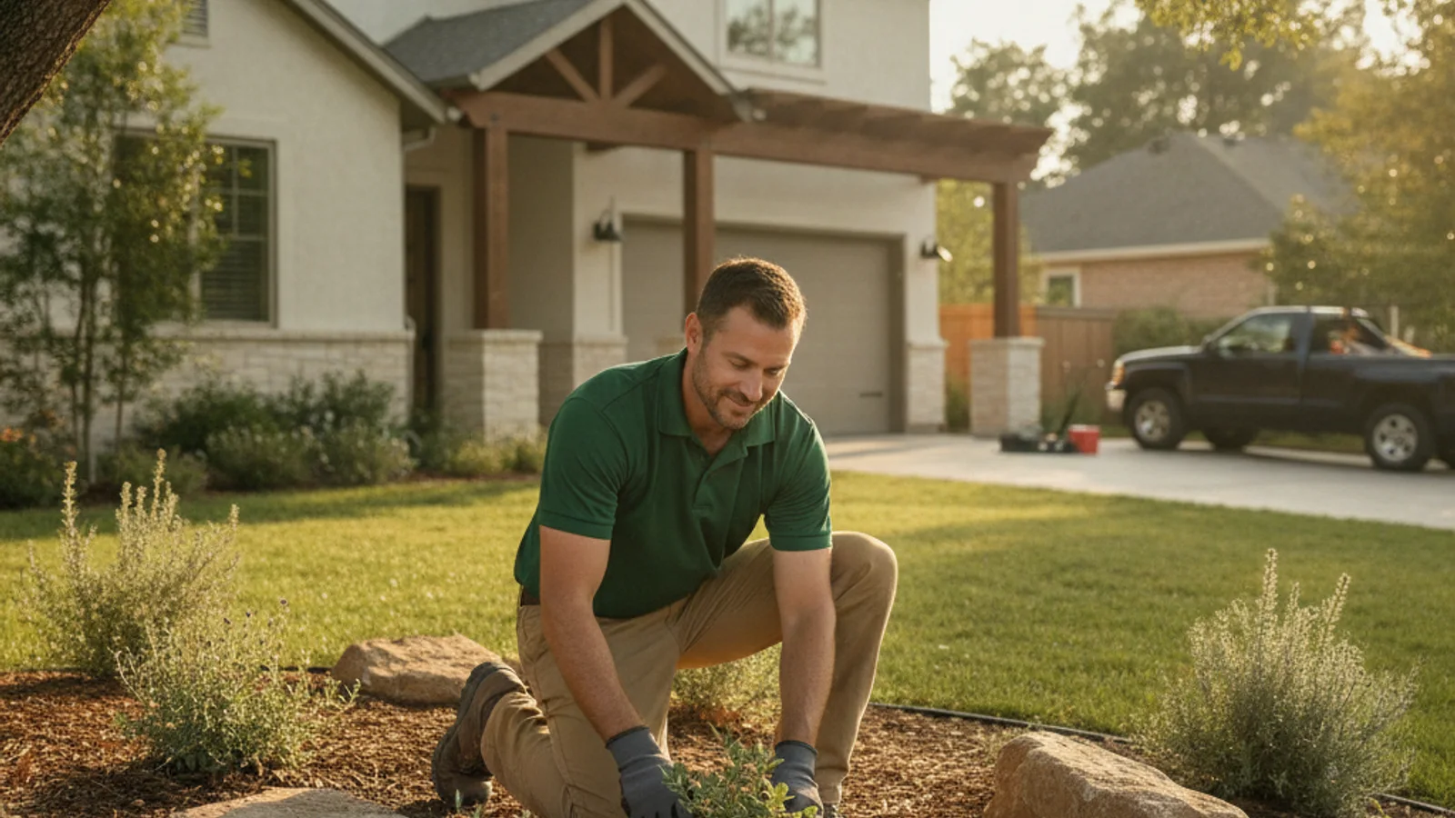 A homeowner reviewing a written landscaping scope with a contractor at an outdoor table