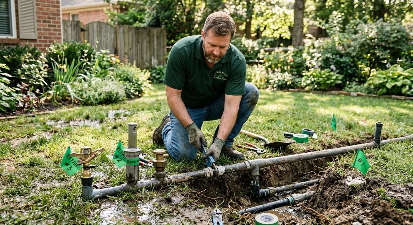 Older lawn sprinkler system with mismatched heads and marked repair areas