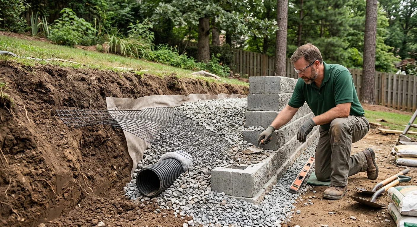 Cutaway of a residential retaining wall showing soil, drainage, and geogrid layers