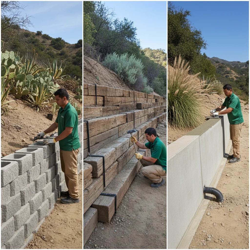 A split-view image showing three types of retaining walls side-by-side in a San Diego canyon setting with block, wood, and concrete walls
