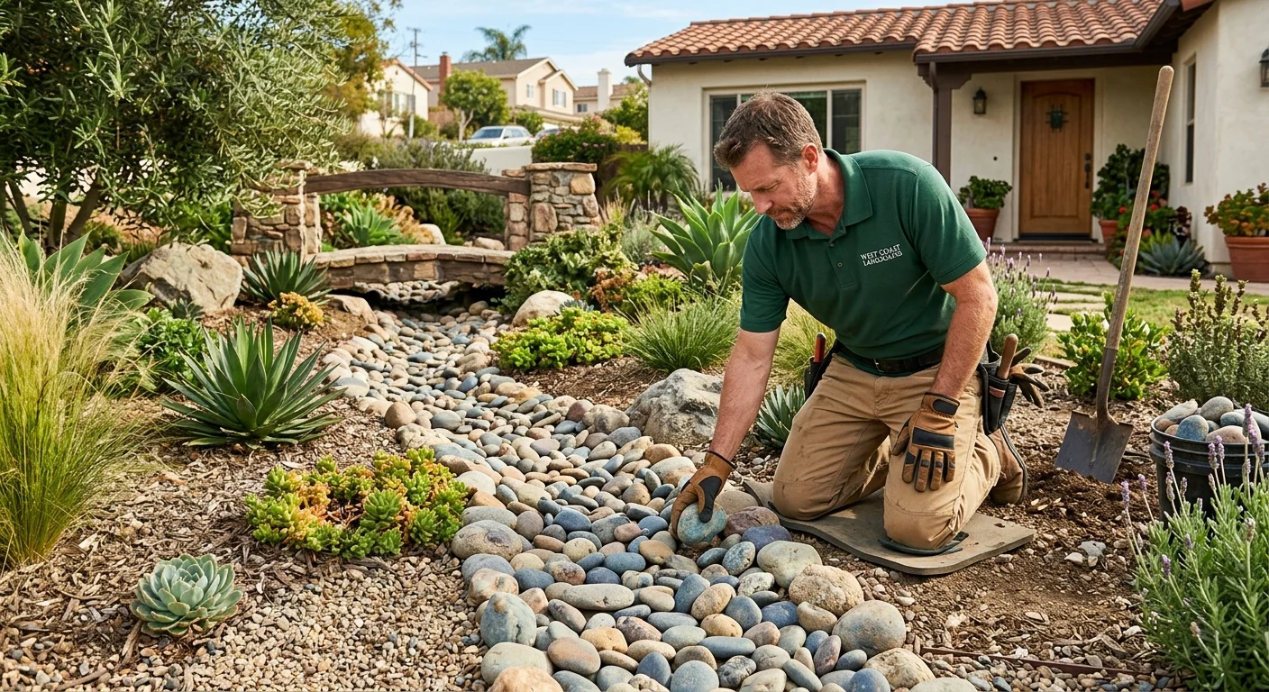 A beautifully designed dry creek bed made of smooth, multi-colored river rock winding through a drought-tolerant garden in a San Diego home's front yard.