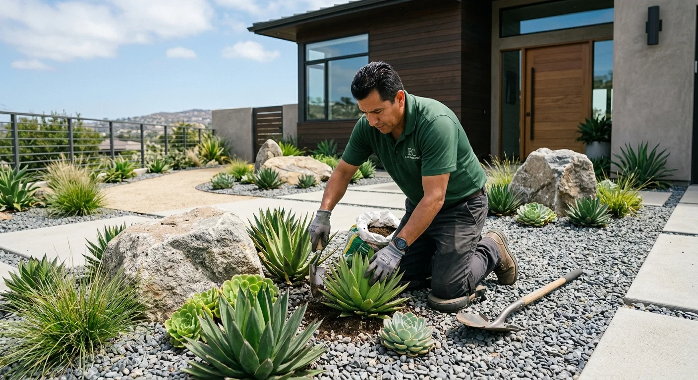 A stunning modern front yard in San Diego featuring a mix of grey gravel, large landscape boulders, and vibrant green succulents.