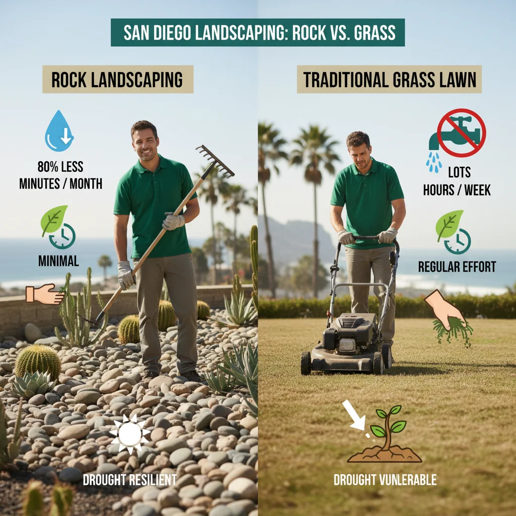 Infographic illustrating the benefits of rock landscaping in San Diego compared to traditional grass lawns.